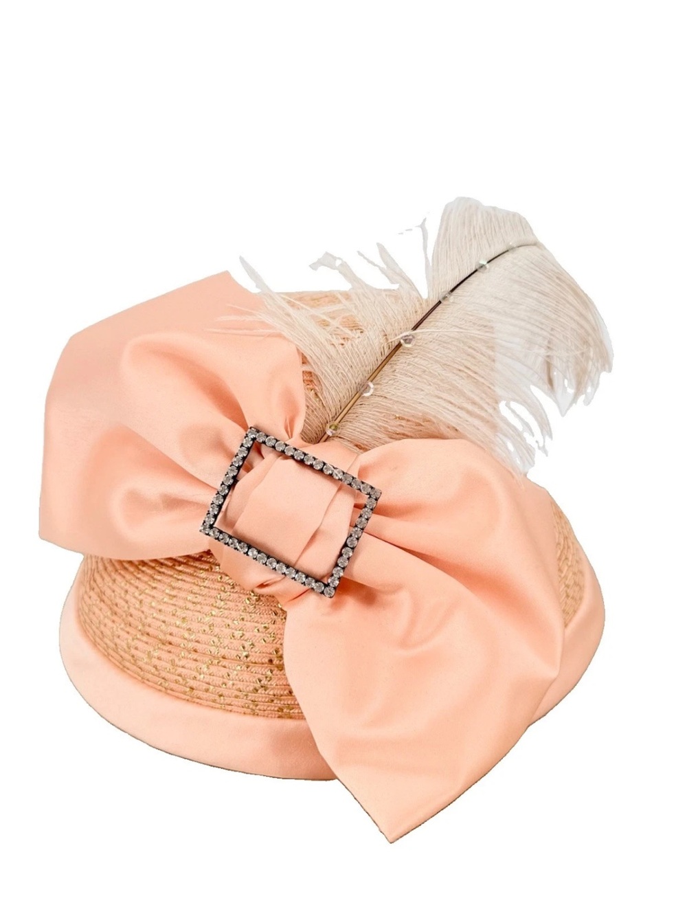Whittall & Shon Vintage Peach Brimmed Hat Feather Bow Derby Wedding Church Races